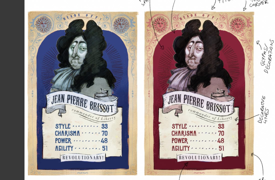 Playing card style layouts in red and blue, with 'Jean Pierre Brissot' written across them, and action scores